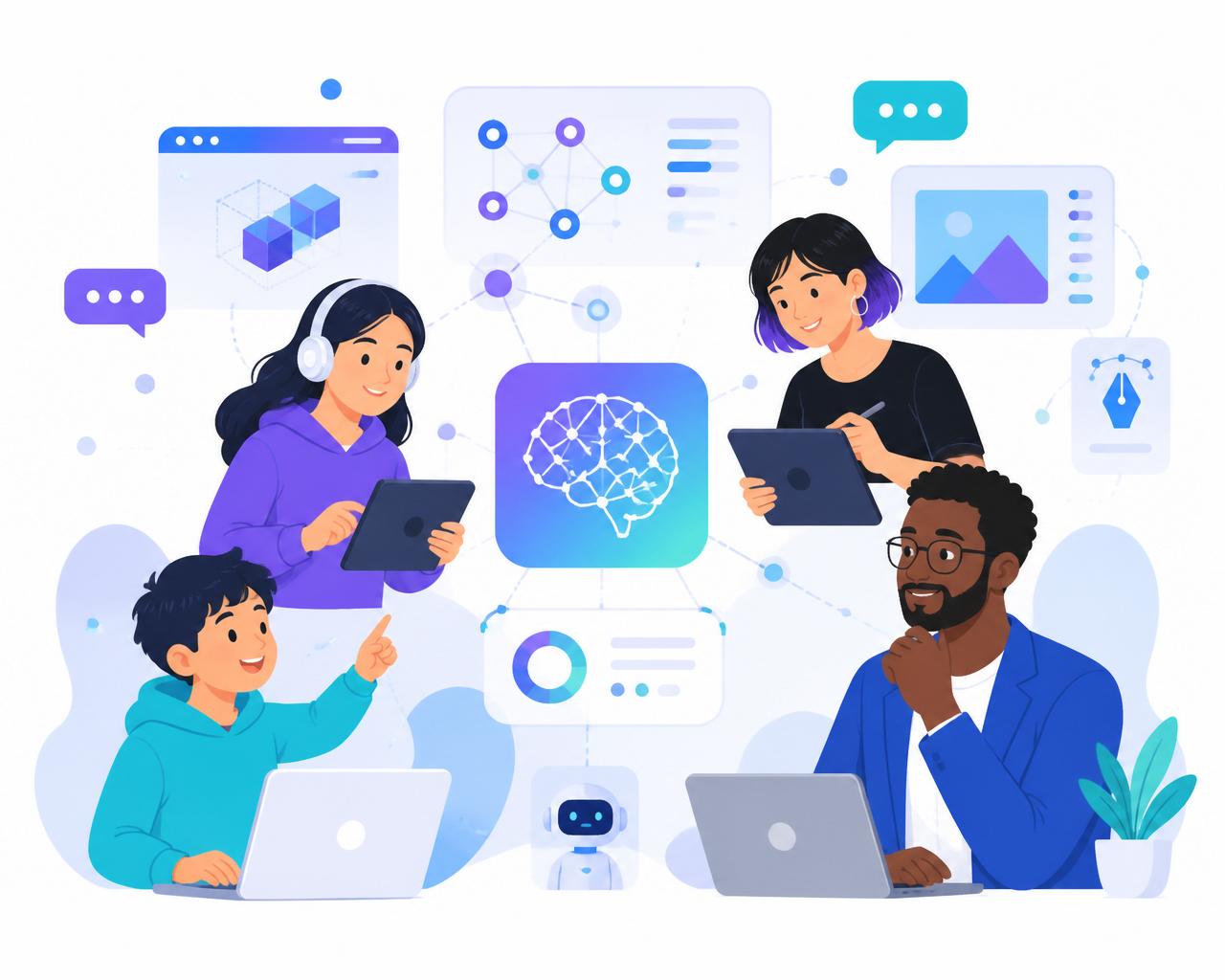 Illustration of children, students and professionals learning artificial intelligence together